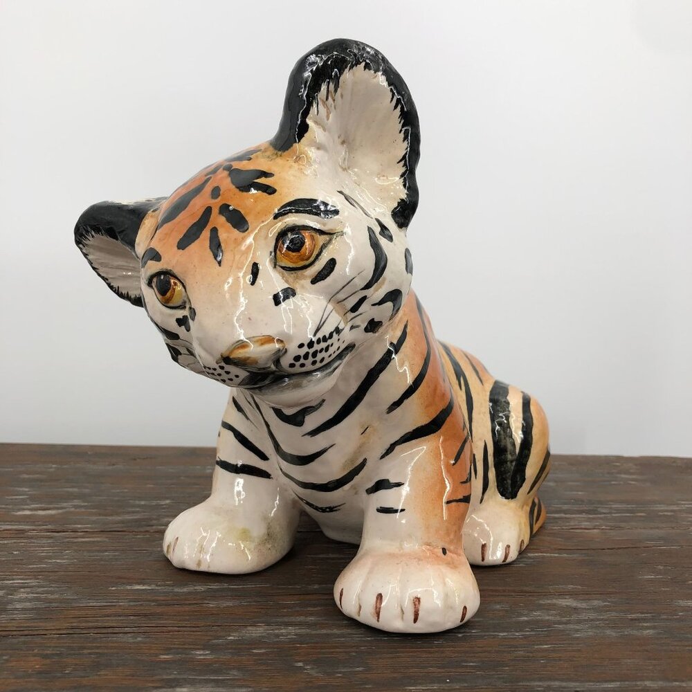 Mid century Italian glazed Hand Painted Tiger Cub Figurine Ceramic Vintage 8"
